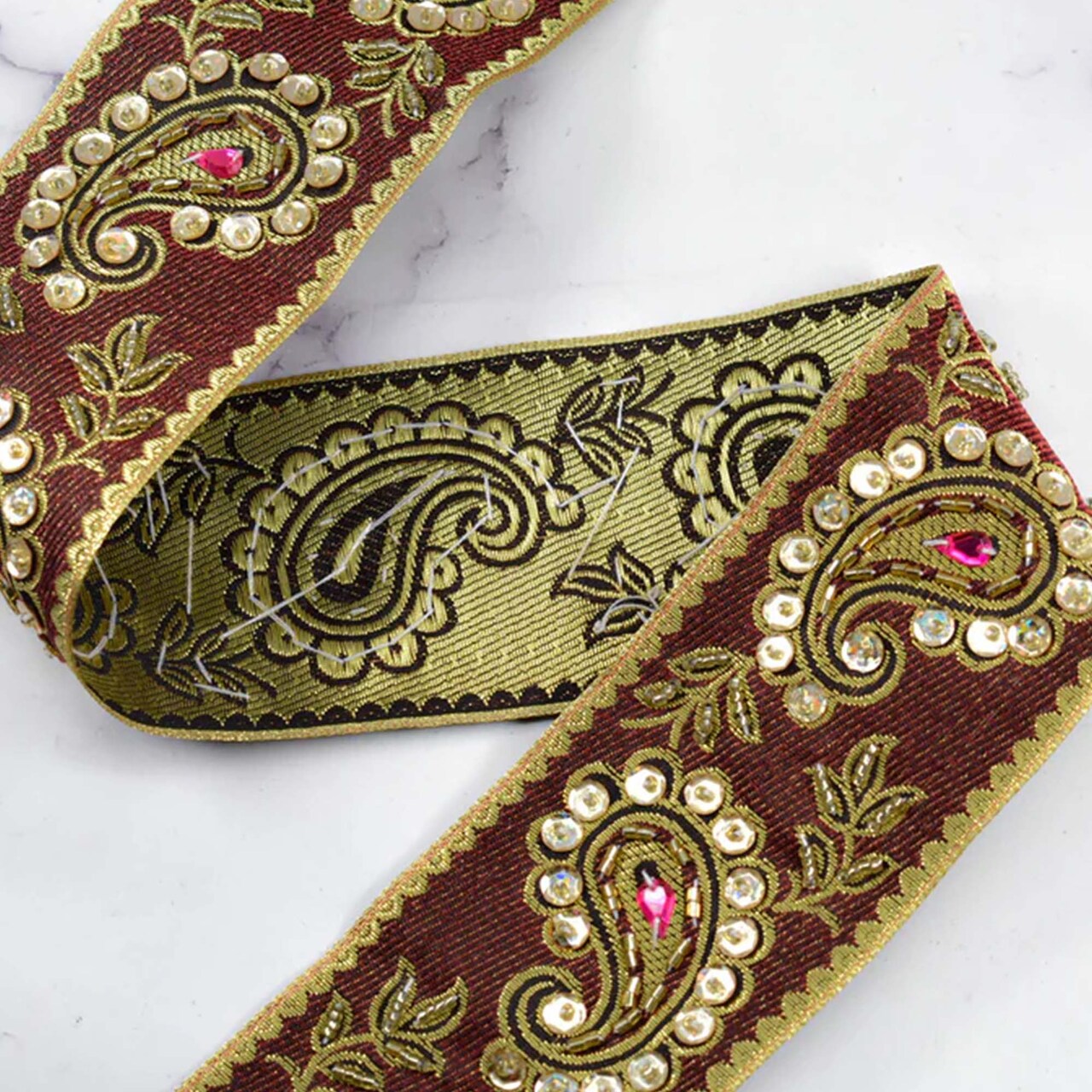1 Yard Elegant Paisley Handcrafted Indian Trim Gold Sequin Embroidered 2.5 Inch Width
